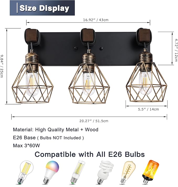 Farmhouse Bathroom Vanity Light Fixtures, 3-Light Black Gold Bathroom Light Fixtures Over Mirror, Rustic Wood Sconces Wall Lighting with Elegant Metal Lampshade for Living Room, Bedroom, Hallway