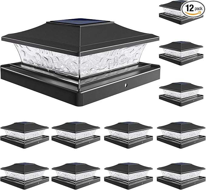 VOLISUN Solar Post Cap Lights Outdoor 4x4/6x6 Wooden/Vinyl Fence Cap Lights for Patio/Garden,Warm White with 2 Lighting Modes Waterproof,ABS Shell Lens Black (12 Pack)