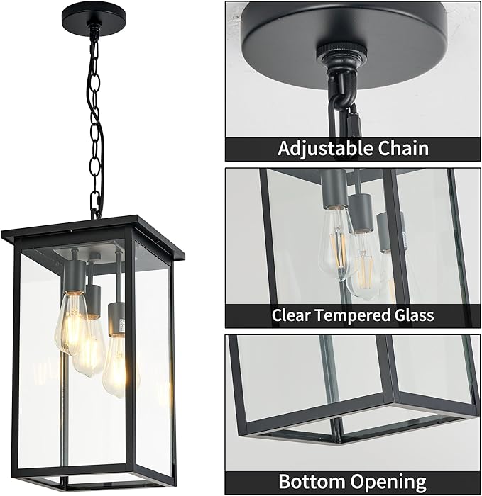 Large Outdoor Indoor Pendant Light 3-Light, Modern Black Metal Outside Chandelier Exterior Hanging Fixture Ceiling Mount with Clear Glass Shade for Front Porch Entrance Foyer Entryway