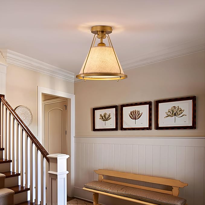 Gold Semi Flush Mount Ceiling Light Fixture with Fabric Shade Modern Bedroom Light Fixture Farmhose Close to Ceiling Light for Living Room Kitchen Hallway Entryway