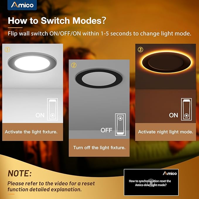 Amico 4 Pack Black 6 Inch 5CCT LED Recessed Ceiling Light with Night Light, 2700K-5000K Selectable Ultra-Thin Recessed Lighting, 12W=110W, 1100LM, Dimmable Canless Wafer Downlight ETL&FCC