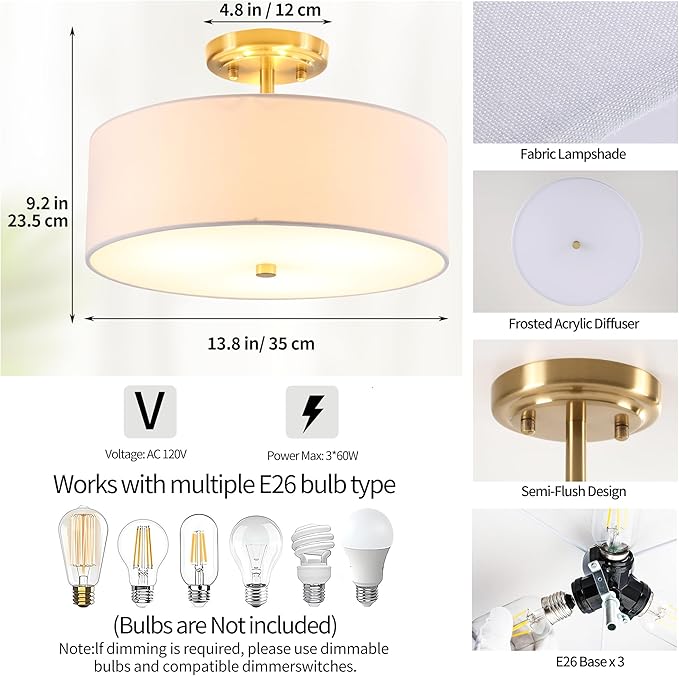 13.8 Inch Semi Flush Mount Ceiling Light Fixture, 3-Light Modern Farmhouse Drum Pendant with Fabric Shade for Bedroom Hallway Entryway Living Room (White+Brushed Bronze)