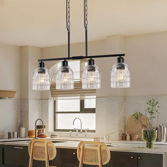 FRIXCHUR Black Kitchen Island Lighting, 4-Lights Linear Chandelier Pendant Light with Clear Glass Shade, Height Adjustable Industrial Chandelier Pendant Light for Kitchen Island Dining Room