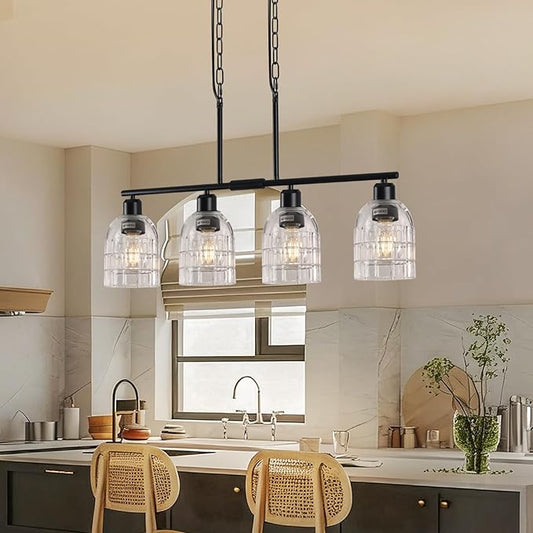 FRIXCHUR Black Kitchen Island Lighting, 4-Lights Linear Chandelier Pendant Light with Clear Glass Shade, Height Adjustable Industrial Chandelier Pendant Light for Kitchen Island Dining Room