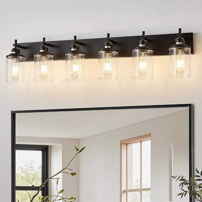 Lanhall 6-Light Black Bathroom Light Fixture Over Mirror Modern Farmhouse Bathroom Vanity Light Vintage Wall Lighting with Clear Glass Shade for Bathroom, Bedroom, Hallway, Cabinet