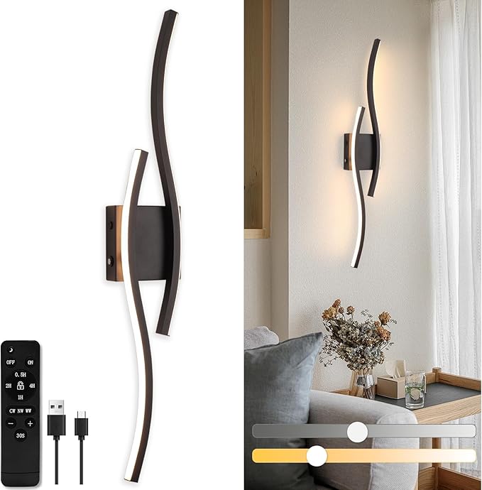 Battery Operated Wall Sconces, Rechargeable Wall Sconces, 3000K-6500K LED Wireless Wall Light, Modern Wall Lamp not Hardwired for Living Room Bedroom Hallway, 31.5in-Black