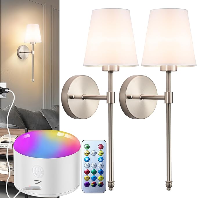 YHCDLAMP Battery Operated Wall Sconce Set of 2, Rechargeable Wall Sconce with 10000mAh Bulb and Remote Control, Up to 50 Hrs Use, RGB Dimmable Wireless Wall Lights for Living Room Bedroom Hallway