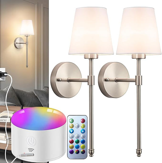 YHCDLAMP Battery Operated Wall Sconce Set of 2, Rechargeable Wall Sconce with 10000mAh Bulb and Remote Control, Up to 50 Hrs Use, RGB Dimmable Wireless Wall Lights for Living Room Bedroom Hallway