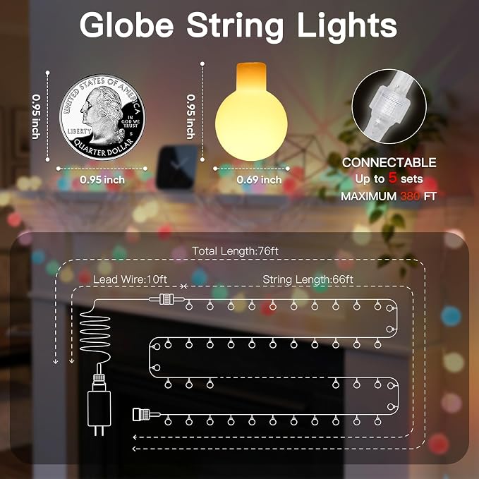 suddus Pastel Easter String Lights, 66ft 200 Led Connectable Globe String Lights Indoor with Timer, Fairy Lights Plug in for Mantle, Tree, Bedroom, Party, Room, Classroom, Patio, Outdoor Decoration