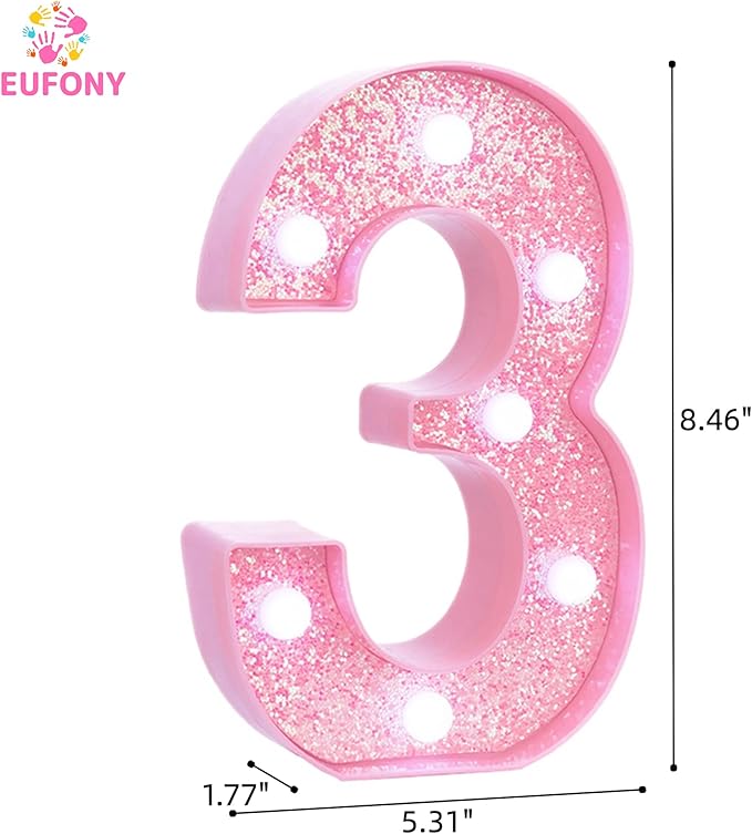 Pink Light Up Marquee Numbers, Glitter LED Number Lights Signs Battery Operated for Girls 3rd 13th 23rd Pink Birthday Party Table Decorations, 8 Inch Tall Number 3 with Cool White Lights