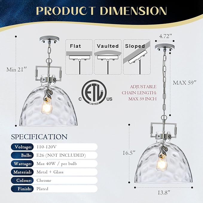 Glass Pendant Light, 13.8 Inch Single Hanging Ceiling Light with Adjustable Chain, E26 Base Oversized Hammered Clear Glass Kitchen Island Pendant Lighting in Polished Chrome for Dining Room, Entryway