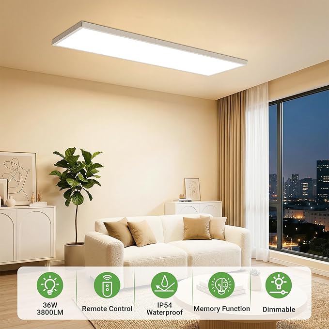 zemty LED Flat Panel Light with Remote 31.4x9.8 Inch, 36W 3800LM 3000K-6000K Adjustable Color Temperature, Dimmable Flush Mount Ceiling Light Fixture for Kitchen Bedroom Garage