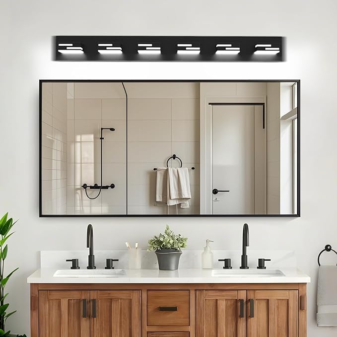 LED Modern Bathroom Vanity Light Fixtures 6-Light 40-inch 5CCT Dimmable Matte Black Vanity Lights for Bathroom Lighting Fixtures Over Mirror, with 360° Rotatable Acrylic Heads