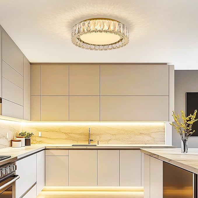 Crystal Dimmable Flush Mount Ceiling Light, Gold Modern LED Close to Ceiling Light Fixture with 5CCT 2700K-6000K, Round Kitchen Lighting for Bedroom Laundry Room, Hallway, Living room (15in 36W)