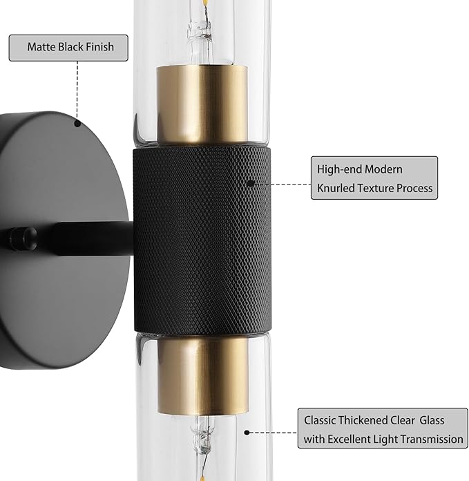 BYOLIIMA Modern Knurled Texture Wall Sconce Clear Glass Shade Modern Gold Black Bathroom Vanity Light Fixtures 2-Lights Mid Century Wall Light for Mirror Living Room Hallway E26 T10 Bulbs(Excluded)
