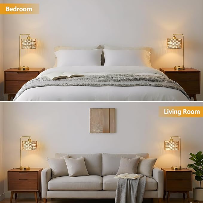 Boho Table Lamps With USB Charging Ports And Outlet, Dimmable Rattan Lamp Set Of 2 With Bulbs, Wicker Bedside Lamps For Bedroom Living Room Side Table, Gold Tall Desk Lamp For Bohemian Home Office