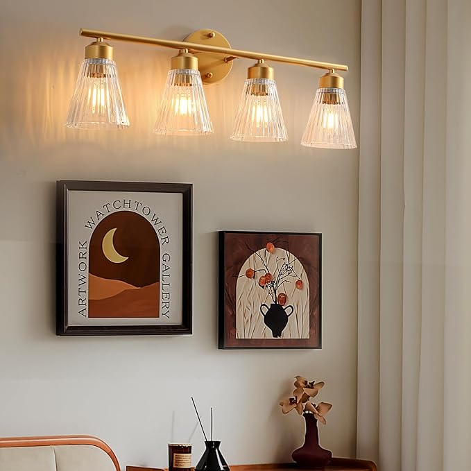 4-Light Bathroom Vanity Light, Painted Gold Bathroom Light Fixtures Over Mirror with Stripe Glass, Modern Wall Lamp, Wall Sconces Lighting for Living Room Bedroom Kitchen Hallway