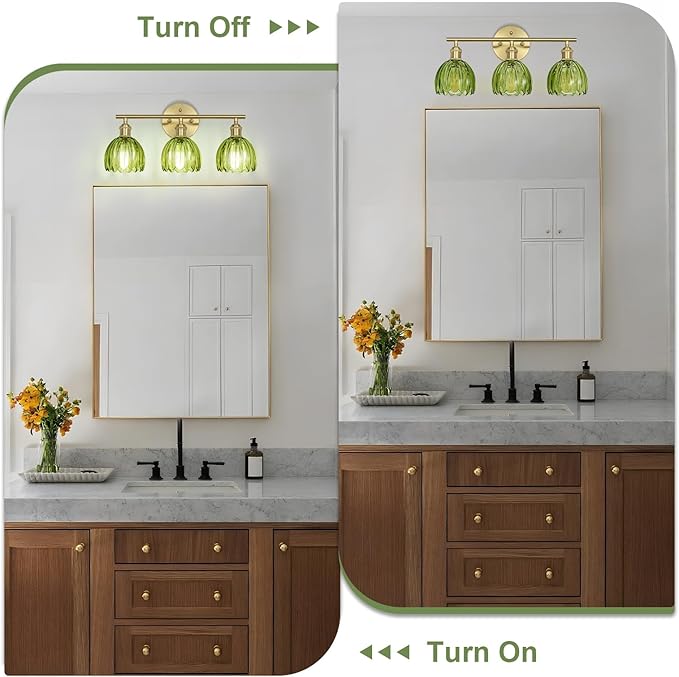 Vintage Bathroom Light Fixtures,3-Light Hardwired Vanity Lights with Green Tulip Glass Shade,Gold Bathroom Vanity Light for Mirror Restroom,E26 Socket,18.5 in(Bulbs Not Included)