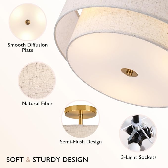 16" Double Drum Gold 3-Light Semi Flush Mount Ceiling Light, Classic Fabric Linen Shade Design for Living Room, Bedroom, Kitchen, Dining Room, Hallway and Entryway