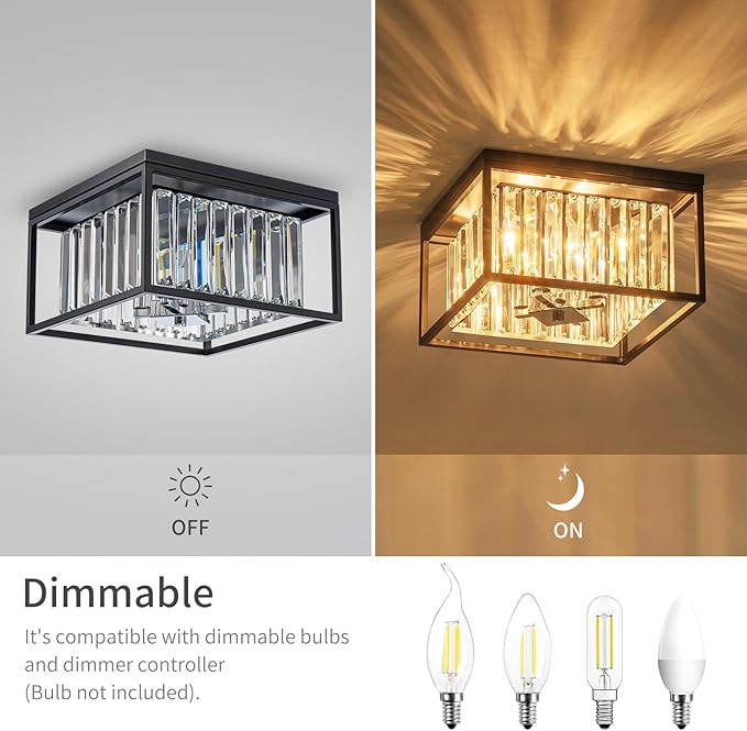 LumFurn 4-Lights K9 Crystal Ceiling Light, Close to Ceiling, 2-Tier Square Flushmount Light Fixture for Living Room, Foyer, Bedroom, L12 x W12 x H7, Clear Crystal, Black & Chrome Finish