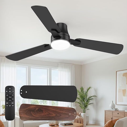 OSTIVE Ceiling Fans with Lights and Remote: 42 Inch Modern Ceiling Fan, Low Profile Flush Mount, Quiet Reversible DC Motor & 3CCT Dimmable LED for Bedroom Living Room Kitchen Indoor Outdoor (Black)