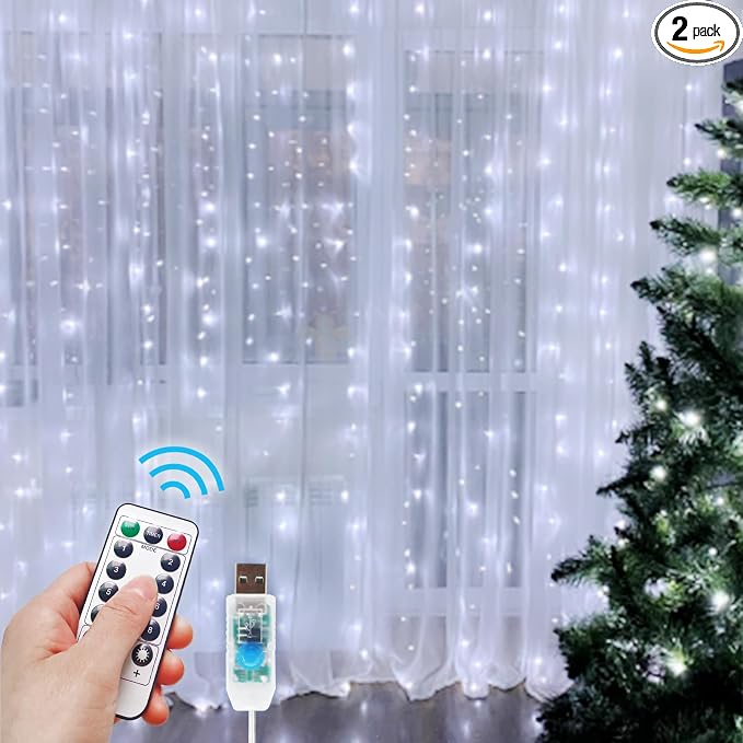 2 Pack 300 LED Fairy Curtain Lights, 9.8 x 9.8FT White USB Plug in 8 Modes String Hanging Lights with Remote for Christmas, Bedroom, Indoor, Outdoor, Weddings, Party (Cold White)