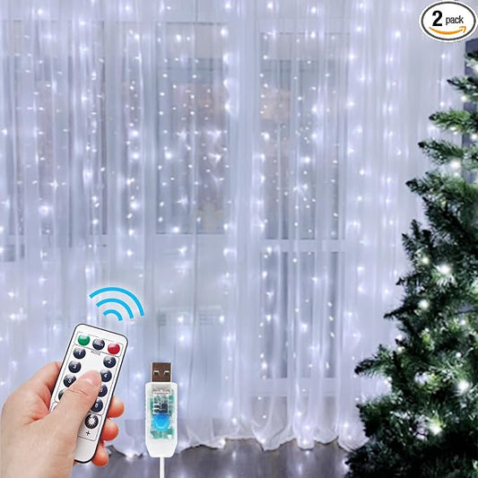 2 Pack 300 LED Fairy Curtain Lights, 9.8 x 9.8FT White USB Plug in 8 Modes String Hanging Lights with Remote for Christmas, Bedroom, Indoor, Outdoor, Weddings, Party (Cold White)