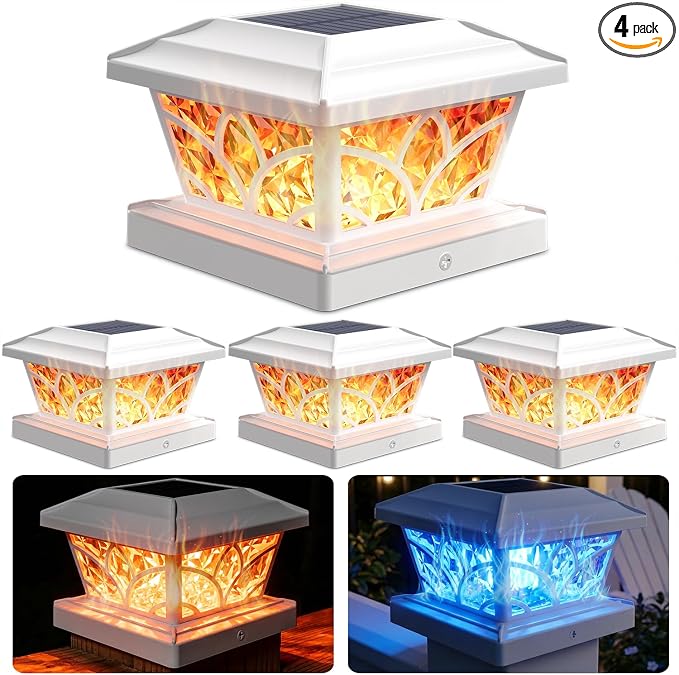 SIEDiNLAR Flickering Flame Solar Post Cap Lights 4 Modes 4 Pack, Upgrade Model for 4x4 5x5 6x6 Vinyl/Wood Posts, Waterproof Outdoor Fence Deck Patio Decor, Warm White & Blue Light (White)