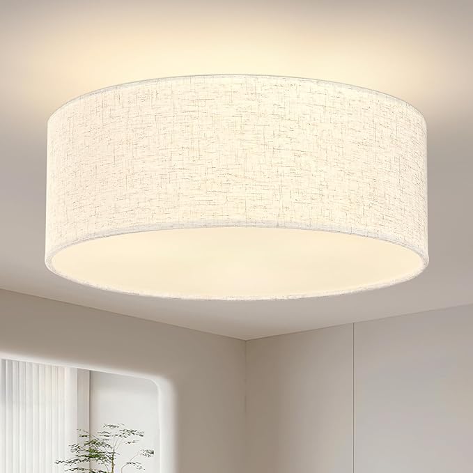 12.6 Inch Flush Mount Ceiling Light Gold Close to Lights Fixture with Fabric Shade 3-Light Drum Modern Lights for Dining Room Bedroom Hallway
