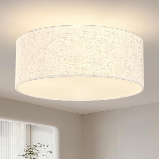 12.6 Inch Flush Mount Ceiling Light Gold Close to Lights Fixture with Fabric Shade 3-Light Drum Modern Lights for Dining Room Bedroom Hallway