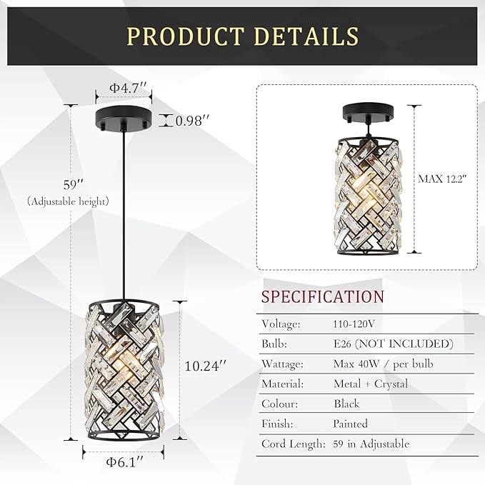 CATINER Modern Black Crystal Pendant Light Fixture - Mini Chandelier for Kitchen Island, Dining Room, Living Room, Hallway, Porch, Bedroom Lighting