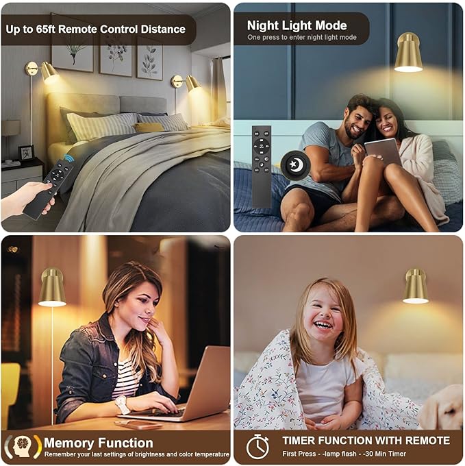 VATONI Plug in Wall Sconces with Remote Control, Adjustable Color Temperature 2700K-6000K and Dimmable Wall Sconces Gold Wall Lights with Plug in Cord for Bedroom Bedside Stairway(2 Pack, 2 Bulbs)