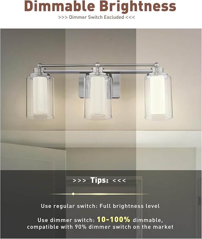 Modern Bathroom Light Fixtures, HWH Brushed Nickel Vanity Lights for Bathroom, Wall Light Fixtures Clear Glass, LED Vanity Lights 5CCT Dimmable 18W, 5HLT63B-3W-LED BN