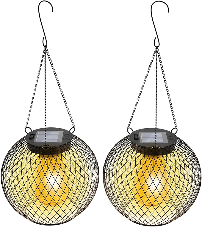 HOTEAGLE Solar Hanging Lights, Waterproof Outdoor Decorative Globe Lanterns with Vintage Edison Bulb, LED Retro Metal Mesh Pendant Light for Garden, Patio, Yard, Tree Decor (Black-2-Pack)