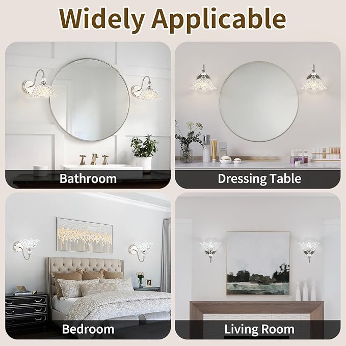 1 Piece Brushed Nickel Wall Sconce with Floral Clear Glass Shade, Brushed Nickel Finish Wall Mount Lighting for Bathroom, Modern Bathroom Vanity Light Fixture
