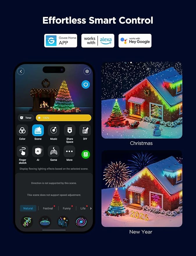 Govee Outdoor Lights Set, Includes Curtain Lights, String Lights, & Icicle Lights, House Decor for Indoors & Outdoors, RGBIC Smart LED Lights, Holly-Jolly Christmas Bundle 1 Pack Each
