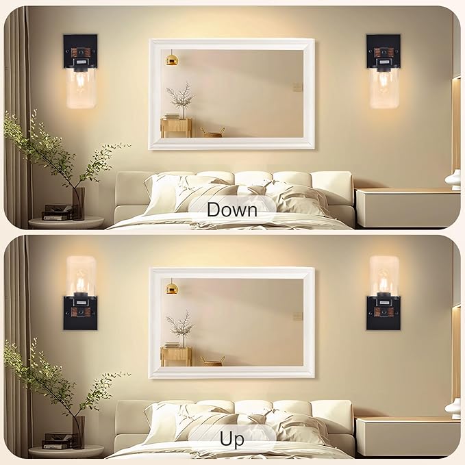 Farmhouse Wall Sconces 2-Pack, Wired Sconces Wall Lighting with Glass Shade, Decor Set of Two for Bedroom Bathroom Livingroom, Square-Wired