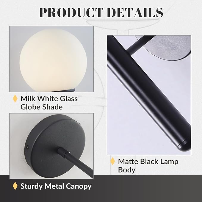 KCO Lighting Black Wall Sconces Set of 2 Modern Globe Wall Sconce Milk Glass Wall Light Farmhouse Mid Century Wall Sconce Bathroom Wall Light Fixture Over Mirror