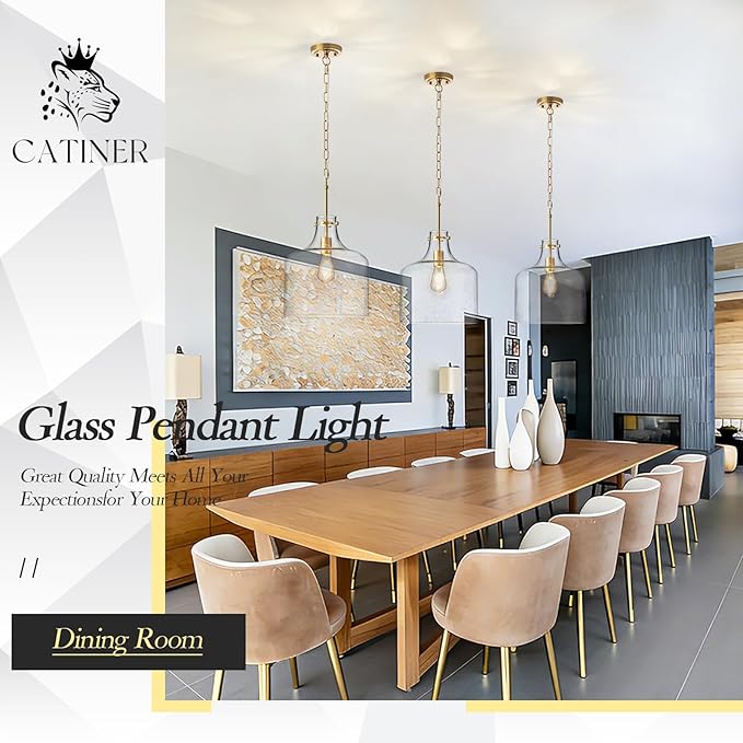 CATINER 12" Gold Glass Pendant Light, Seeded Bubble Shade Modern Farmhouse Hanging Light for Kitchen Island, Dining Room, E26 Dimmable Ceiling Fixture