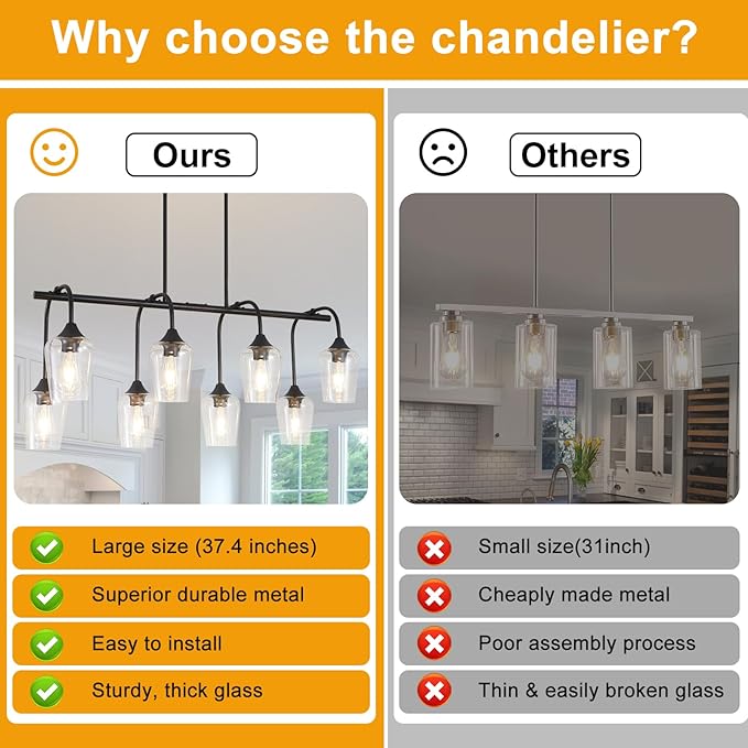 38" Dining Room Light Fixture/Chandelier Over Table, 8-Light Matte Black Kitchen Island Lighting with Clear Glass Shade, Modern Hanging Pendant Lights Fixture for Kitchen Island, Dining Room, Bar