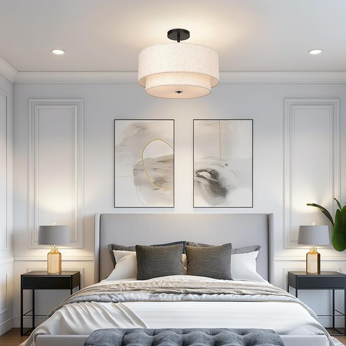 FRIDEKO HOME Ceiling Light Fixture-15.7 inch Light Fixtures Ceiling Mount with 2-Layer Fabric Shade Drum Light Fixture for Bedroom Living Room Kitchen Foyer Hallway