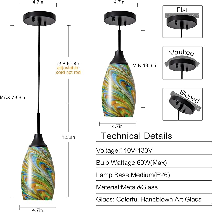 Viinew Mini Glass Pendant Light 4.72" Colorful Pattern Oval Pendant Lights 1-Pack Handblown Art Glass Hanging Pendant Light for Kitchen Island Dining Room Living Hallway Matte Black Metal
