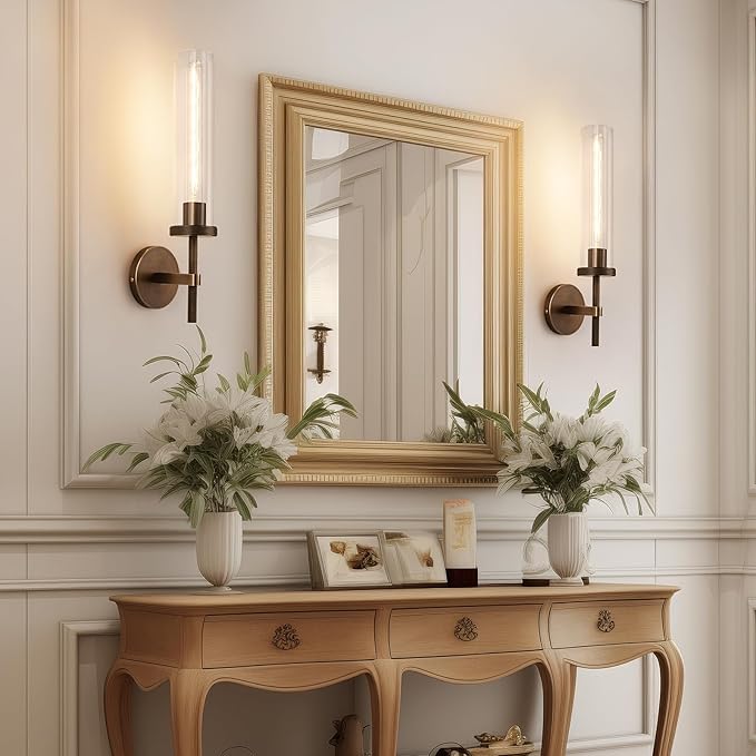 19.5" Knurled Brass Wall Sconce with Clear Glass Tube, Bronze Bathroom Vanity Light Fixtures, Modern Lamp Lighting for Bedroom, Living Room, Hallway, Staircase, Mirror, Kitchen