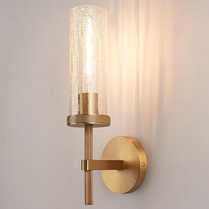 15" Knurled Brass Wall Sconce with Crackle Glass Tube, Gold Bathroom Vanity Light Fixtures, Modern Lamp Lighting for Bedroom, Living Room, Hallway, Staircase, Mirror, Kitchen