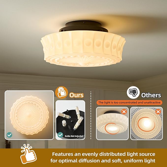 Milk Glass Schoolhouse Ceiling Light - 14 Inch Vintage Mid Century Modern Flush Mount Lighting Fixtures - Antique Art Deco Lamp for Hallway Bedroom Kitchen Entryway Laundry Foyer Bathroom Dining Room