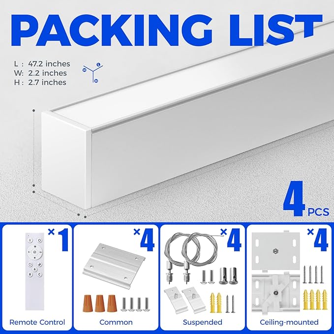 Barrina 5568 Remote Series LED Linear Light, 2nd-Generation, 45W Seamless Connection, 3000K-6000K Color Changing, 4FT Dimmable Hanging Office Shop Light Fixture with Remote, 5568 Series White, 4 Packs
