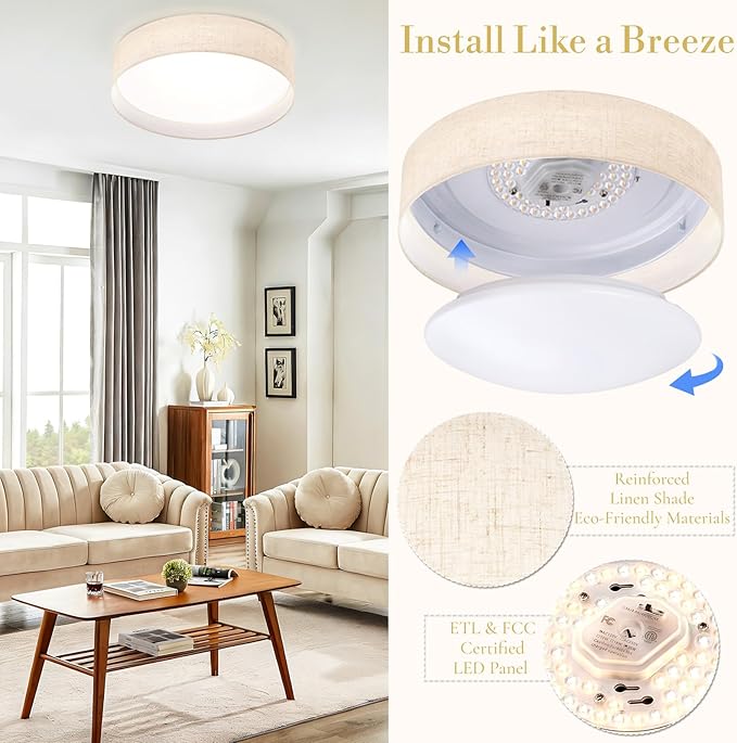 Hamilyeah 2 Pack 18 inch LED Flush Mount Ceiling Light Fixture, Dimmable Ceiling Light Fixture with Fabric Shade 36W 5CCT, Drum Light Fixture Ceiling Mount for Bedroom, Bathroom, Living Room, Kitchen