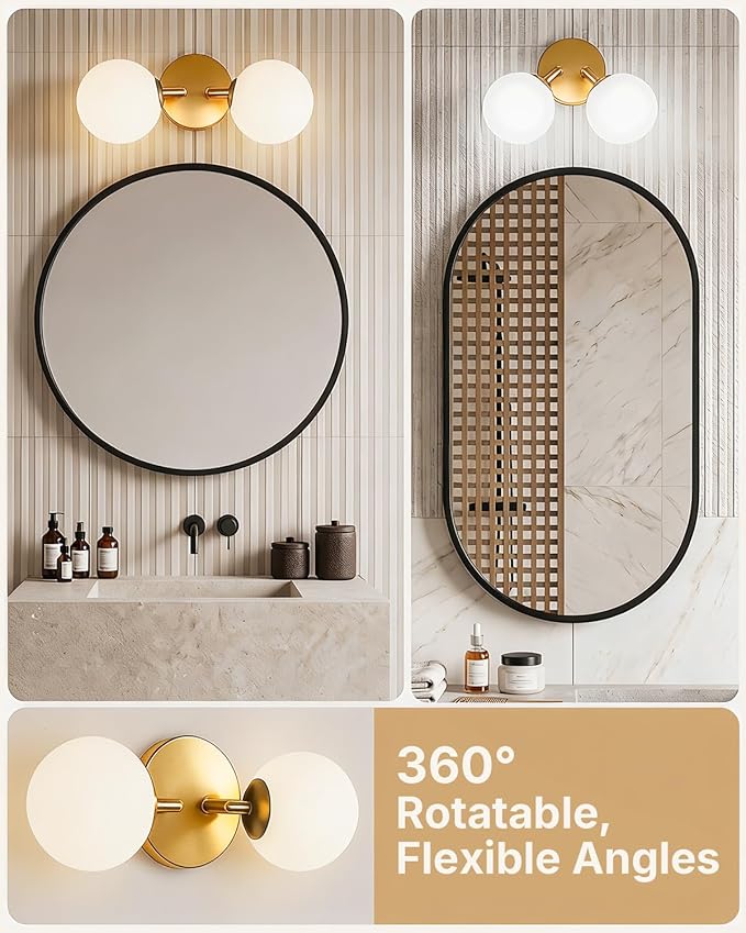 Yunnix Gold Bathroom Vanity Light, 2-Light Modern Globe Vanity Lighting Fixtures with Milk White Glass Shade, Mid Century Vanity Lights Wall Sconce Over Mirror for Hallway Entryway Set of 2