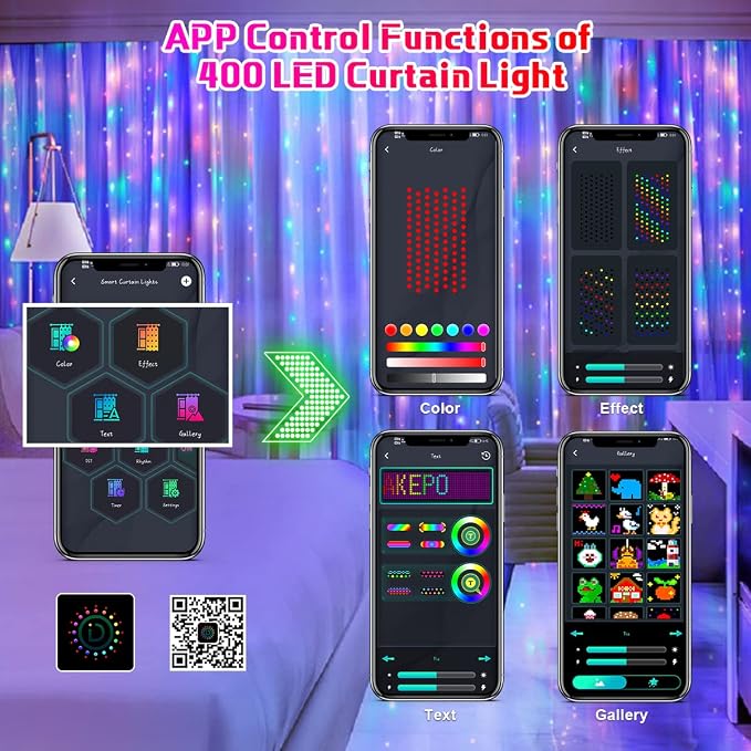 AKEPO Programmable Colorful Smart LED Window Hanging Curtain Lights, IP65 400 RGB LED APP Control DIY Text and Pattern Fairy Lights for Proposal, Wedding Curtain Backdrop, Party, Xmas or Home Decor