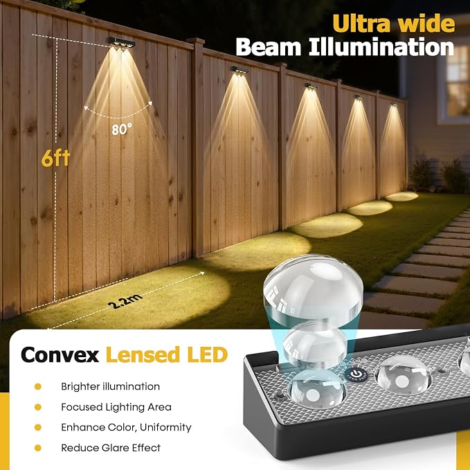 NIORSUN Solar Fence Lights,8 Pack Solars Deck Light,RGB Color,Outdoor Bulb Waterproof Led IP65,Power Patio Lamp with Lenses for Outside/Backyard/Railing/Yard(Black)